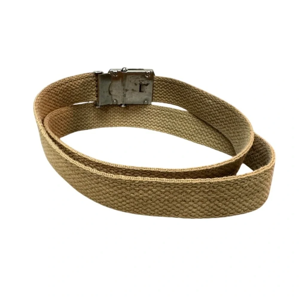 Tan Khaki Canvas Web Belt Silver Flip Top Buckle Military Style Adjustable 37in